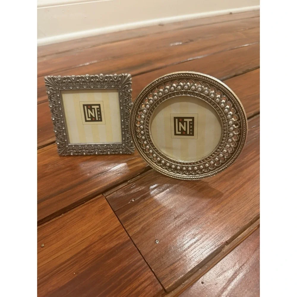 LNT Home Set of 2 Ornate Silver Tone Picture Frames Round & Square Tabletop